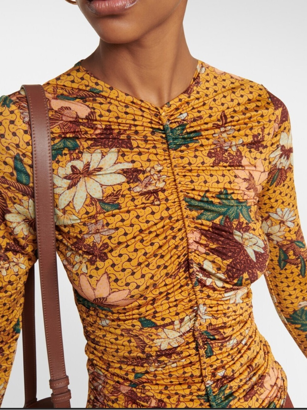 Ulla Johnson Eileen Top Printed Ruched Long Sleeve in Orange & Brown